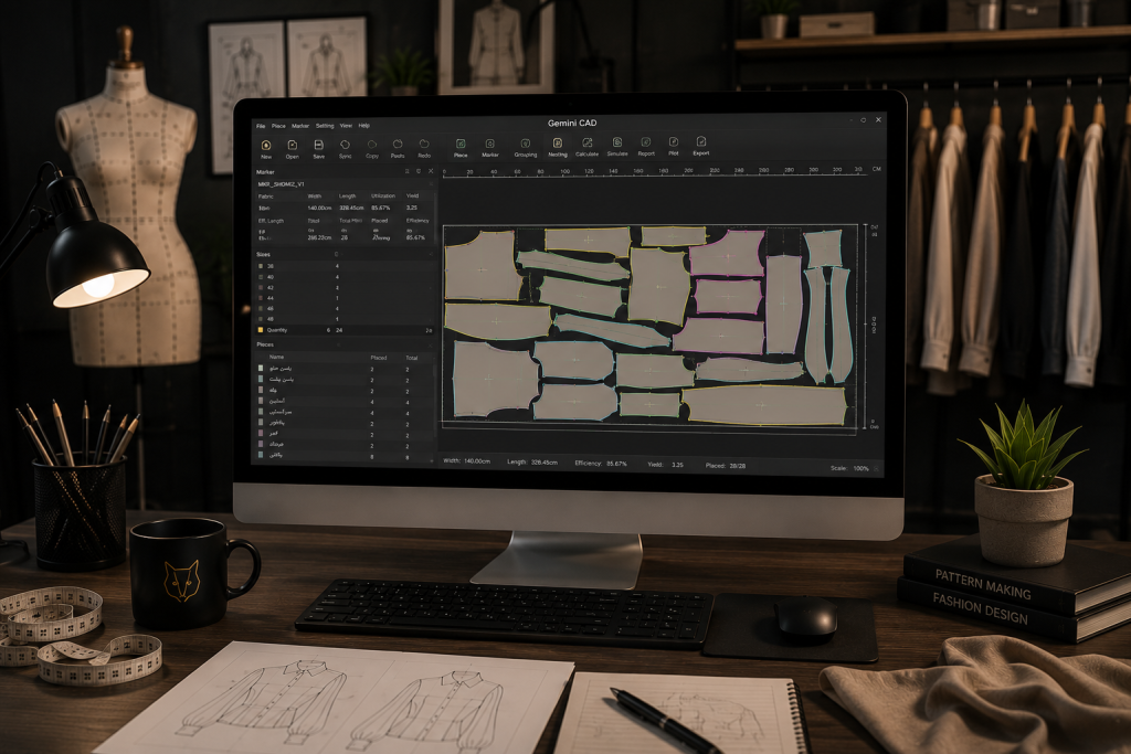 چیدمان الگوی دیجیتال شومیز در نرم افزار Gemini CAD برای کاهش مصرف پارچه و آمادهسازی برش صنعتی