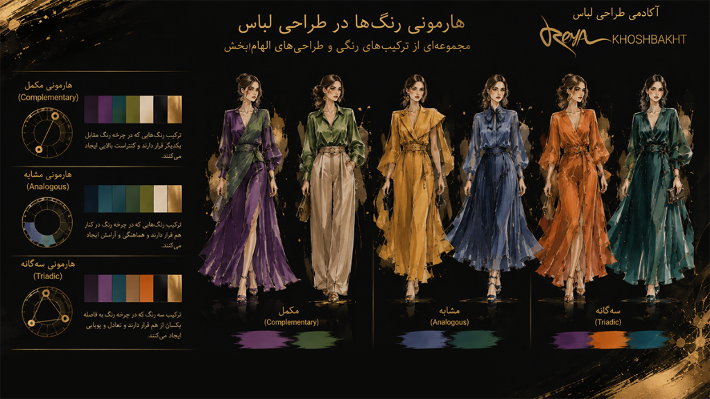 هارمونی رنگها در طراحی لباس با نمایش ترکیب رنگهای مکمل، مشابه و سهگانه در کالکشن لباس زنانه