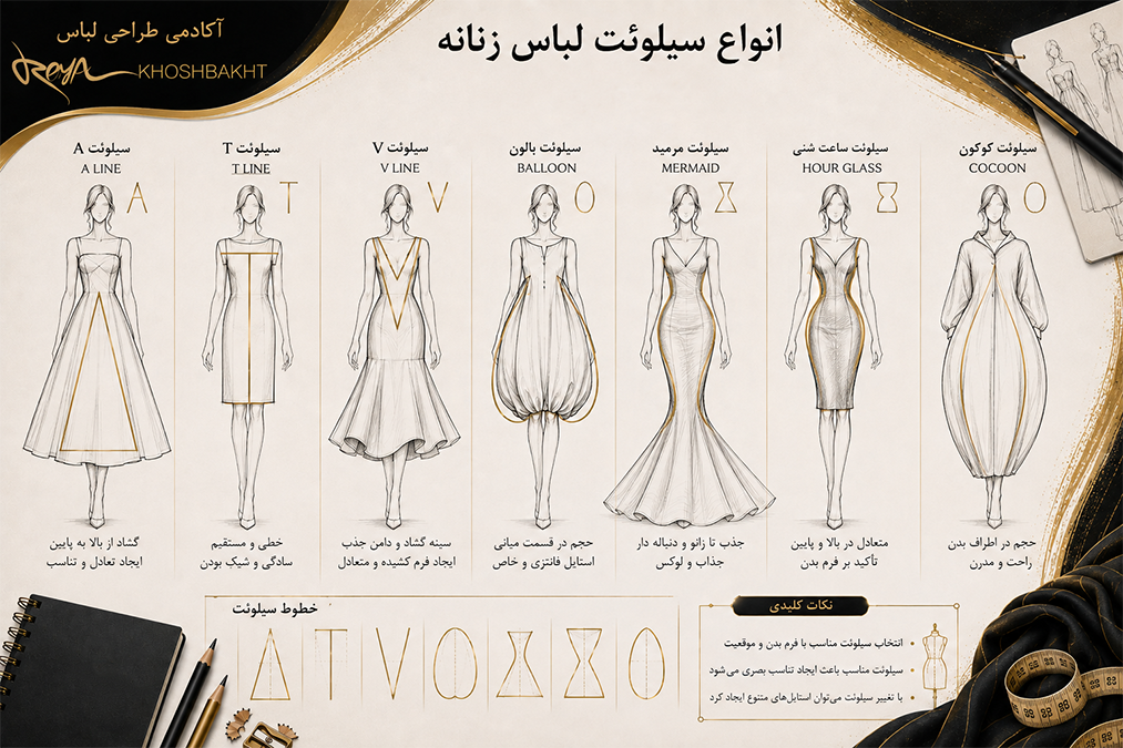 انواع سیلوئت لباس زنانه در طراحی لباس شامل A-Line، T-Line، V-Line، Balloon، Mermaid، Hourglass و Cocoon