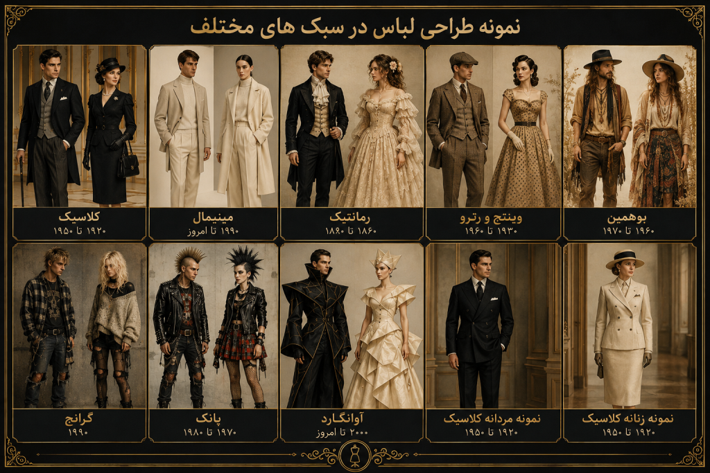 نمونه طراحی لباس زنانه و مردانه در سبکهای کلاسیک، مینیمال، رومانتیک، وینتج و رترو، بوهمین، گرانج، پانک و آوانگارد