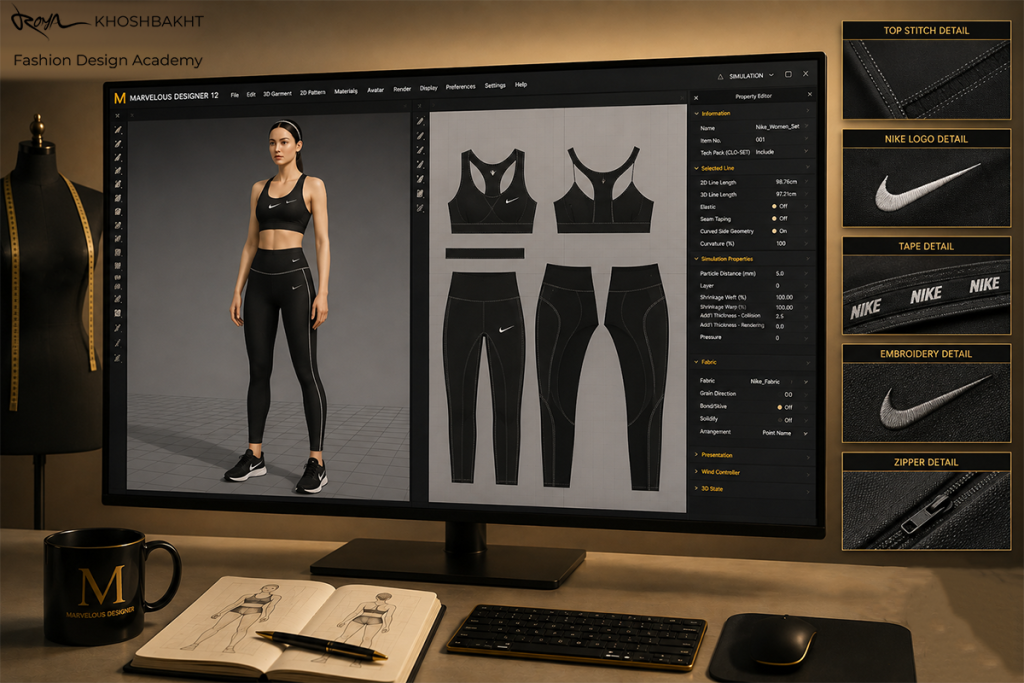 بررسی فرم و تناسب لباس ورزشی زنانه در نرمافزار Marvelous Designer،نمونه طراحی لباس ورزشی زنانه در تصویر موجود است.